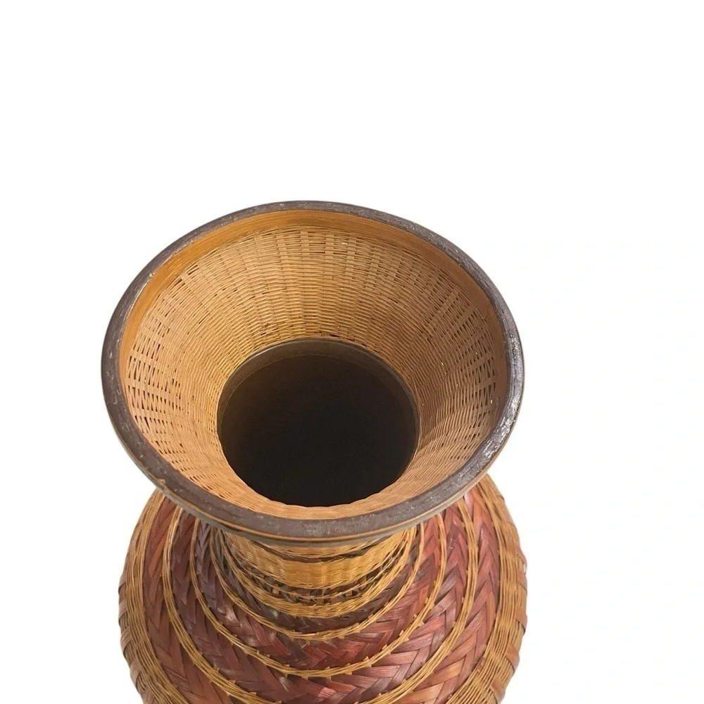 Vintage Shanghai Handicrafts Woven Wicker Rattan Bamboo Vase China 10.5